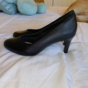 Black round toe slip on short heels